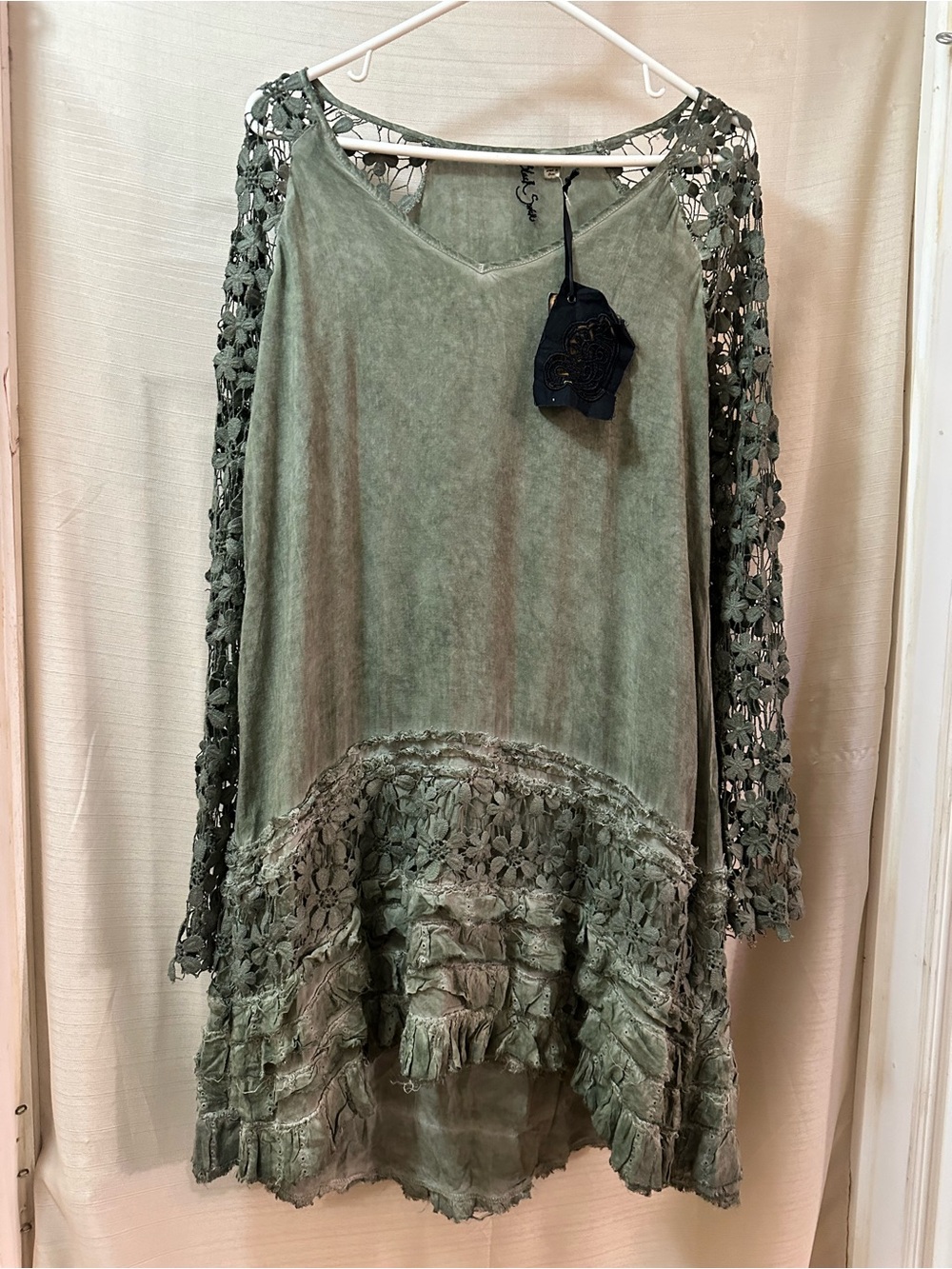 Black Swan Green Boho Lace Sleeve Tunic Mini Dress Floral Crochet Medium